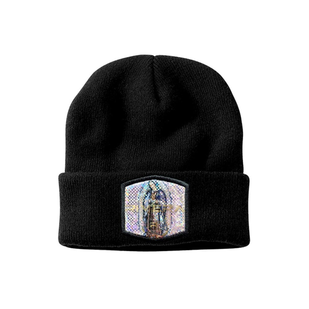 LD Winter Knit Beanie, Virgen de Guadalupe Embroidered Patch, Shiny Metallic Cap